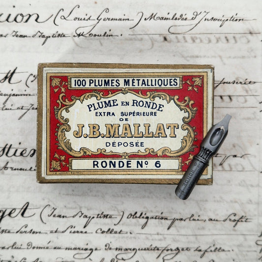 Box of antique "J.B. Mallat - Ronde N°6" nibs