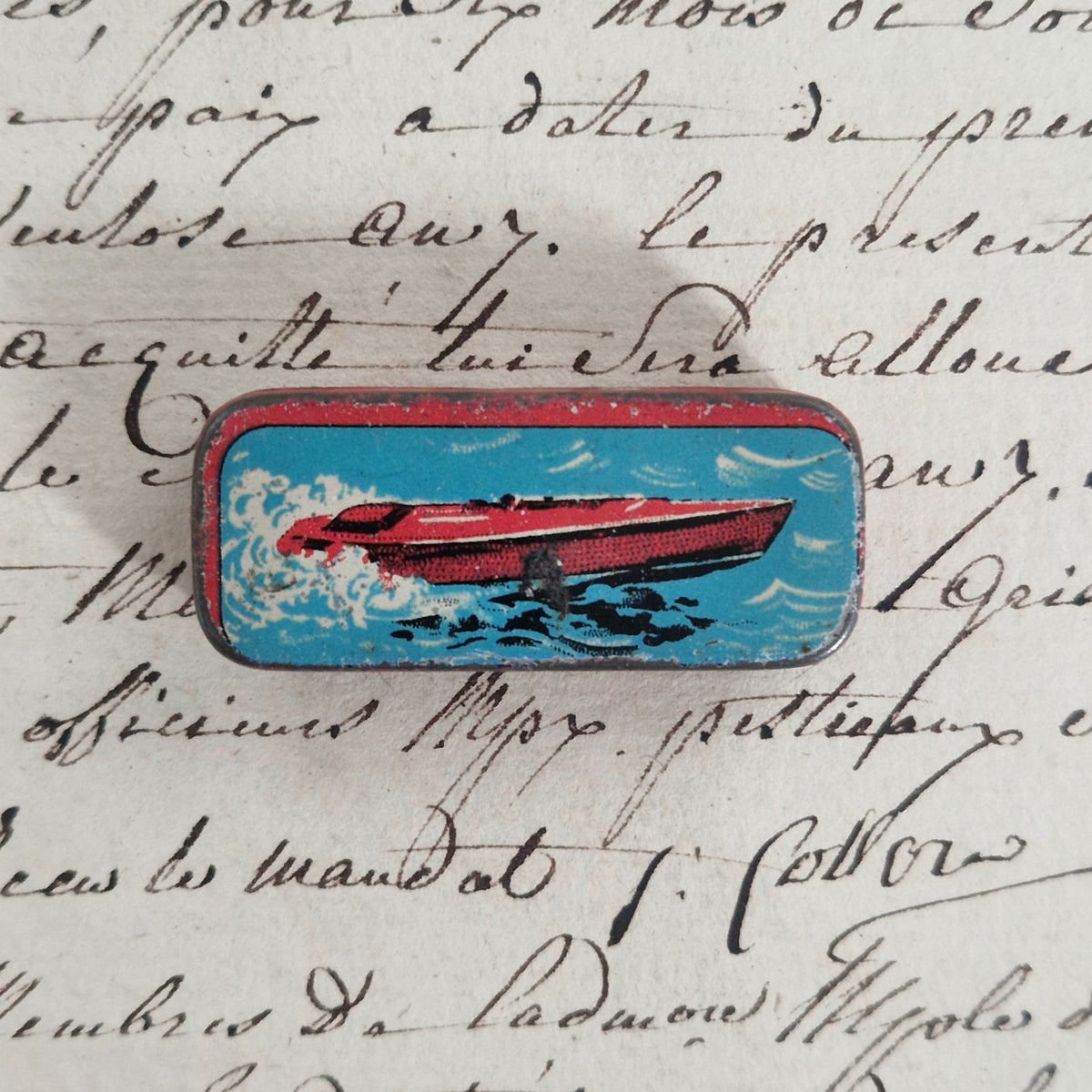 Rare boîte de plumes illustrée « Bateau - Mallat »