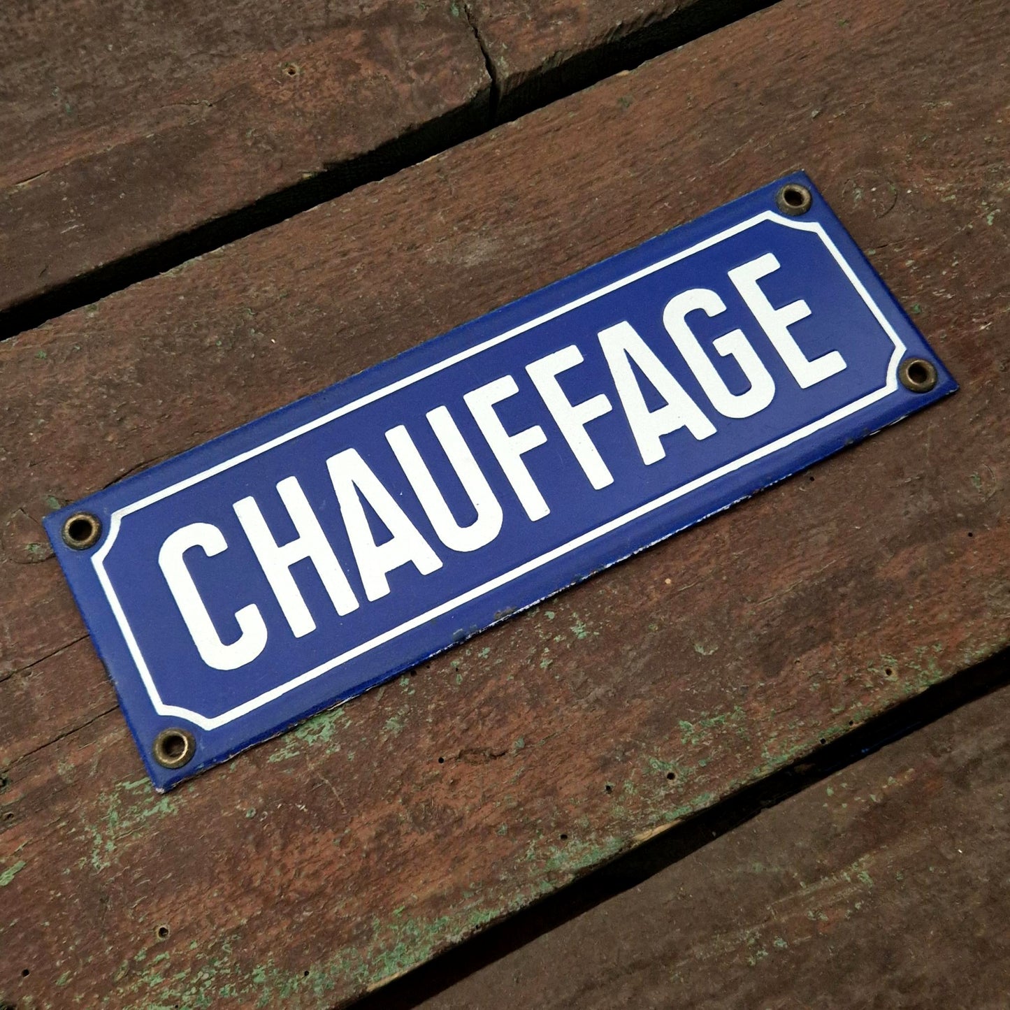 Ancienne plaque émaillée bleue « Chauffage »