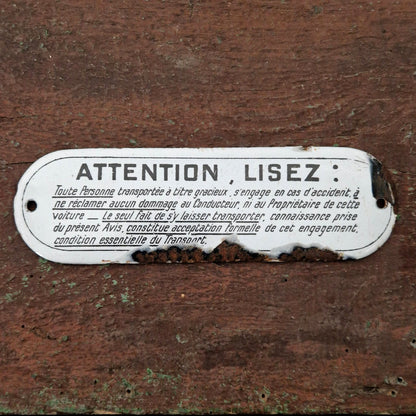 Rare plaque émaillée de Taxi « Attention, lisez... »