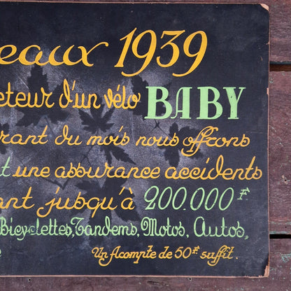 Panneau publicitaire peint « Vélo BABY  » - 1939