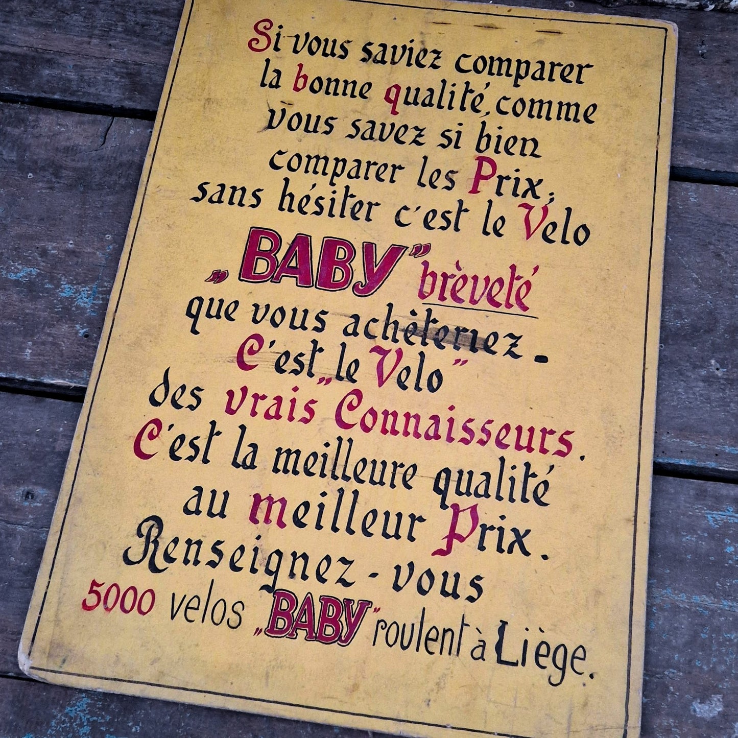 Panneau publicitaire peint à la main « Vélo BABY  »