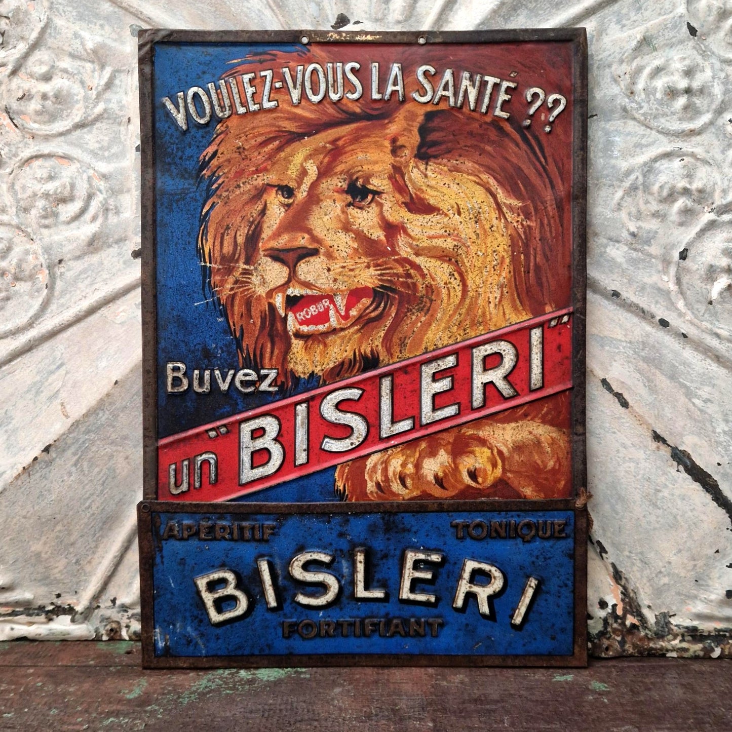 Rare Tôle lithographiée publicitaire « Bisleri Fortifiant »