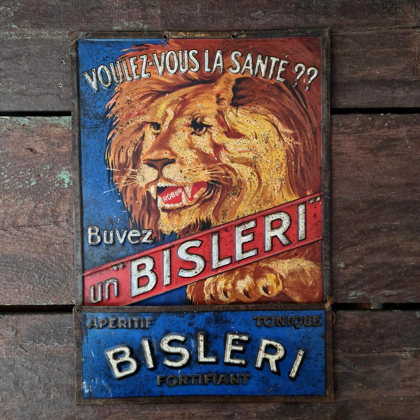 Rare Tôle lithographiée publicitaire « Bisleri Fortifiant »