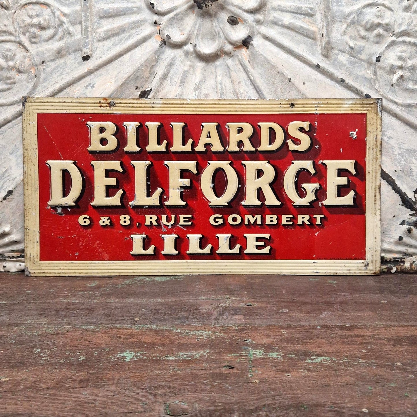 Tôle publicitaire ancienne « Billards Delforge - Lille »
