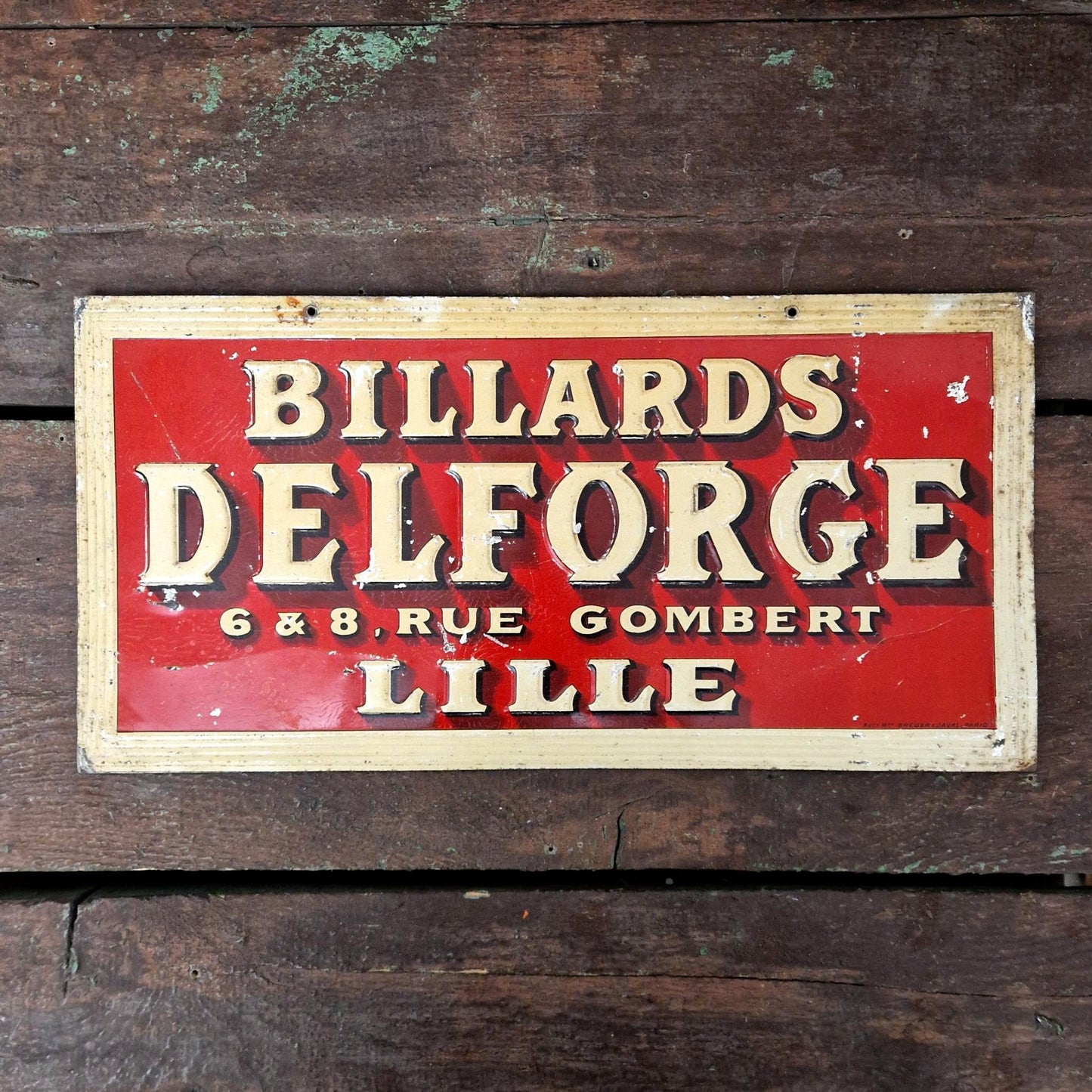 Tôle publicitaire ancienne « Billards Delforge - Lille »