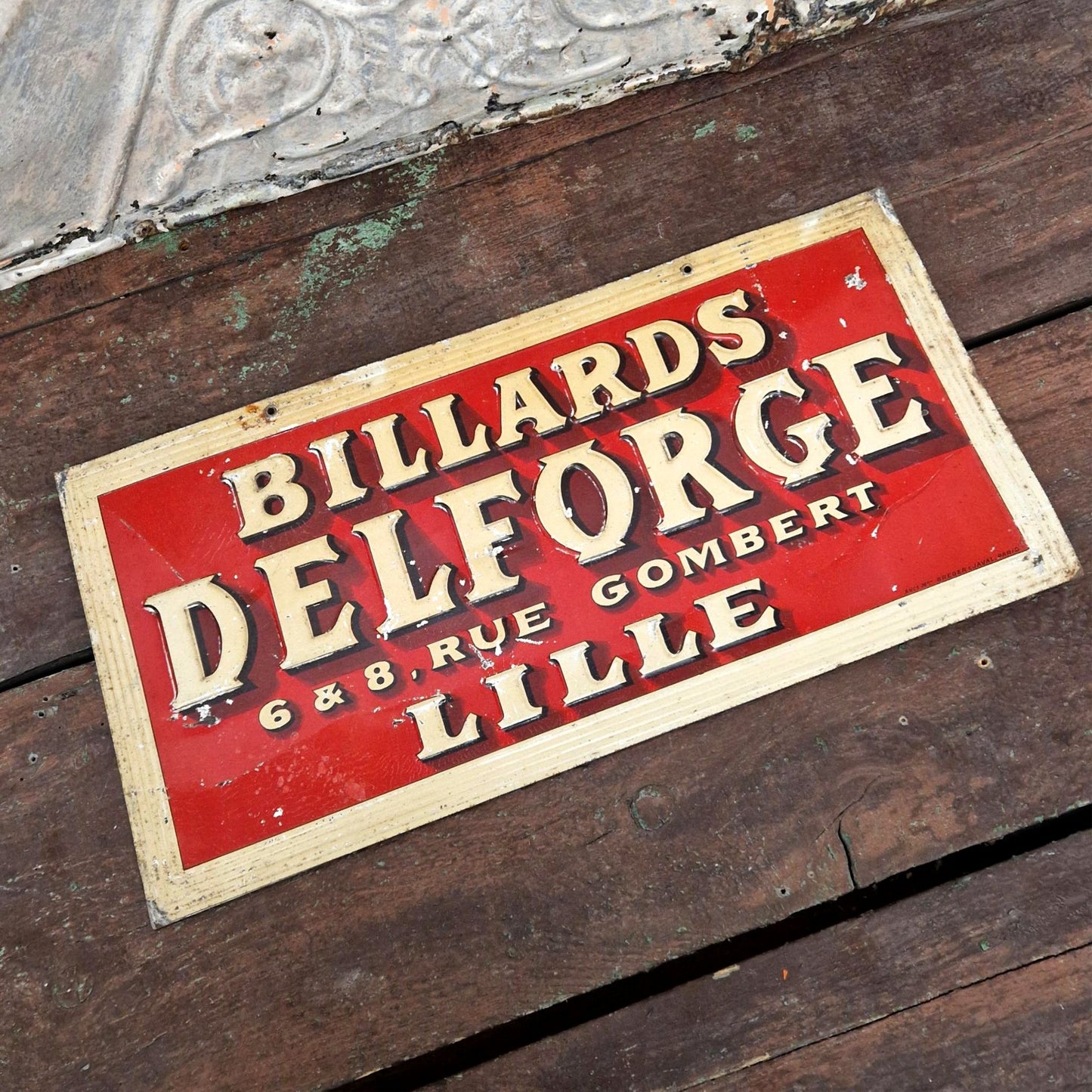 Tôle publicitaire ancienne « Billards Delforge - Lille »