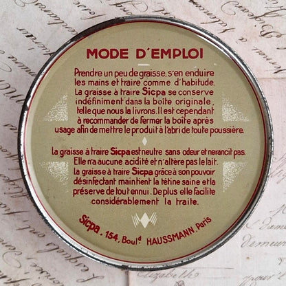 Boîte publicitaire  « Graisse à traire stérilisée SICPA »