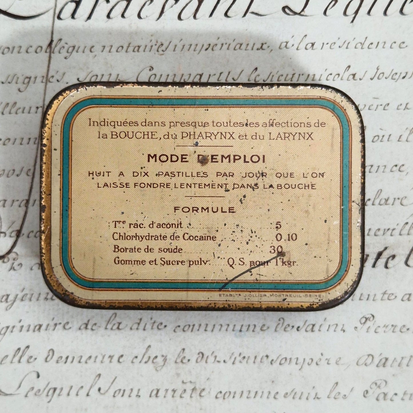 Ancienne boîte « Pastilles Aconit - Cocaïne - Borate de Soude »