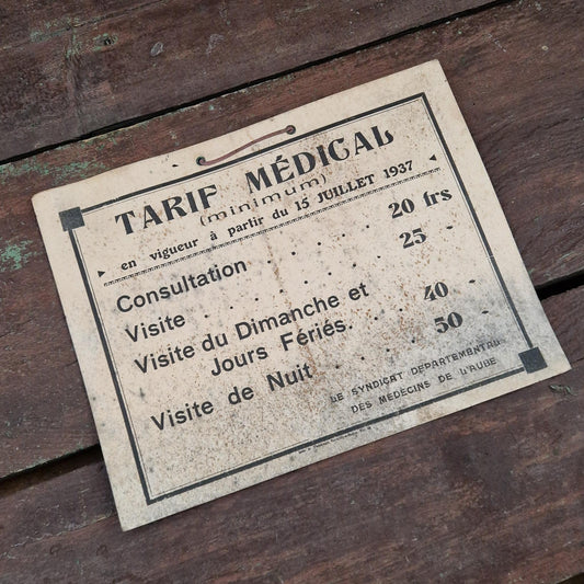 Ancien tarif médical de médecin - Affiche cabinet médical 1937