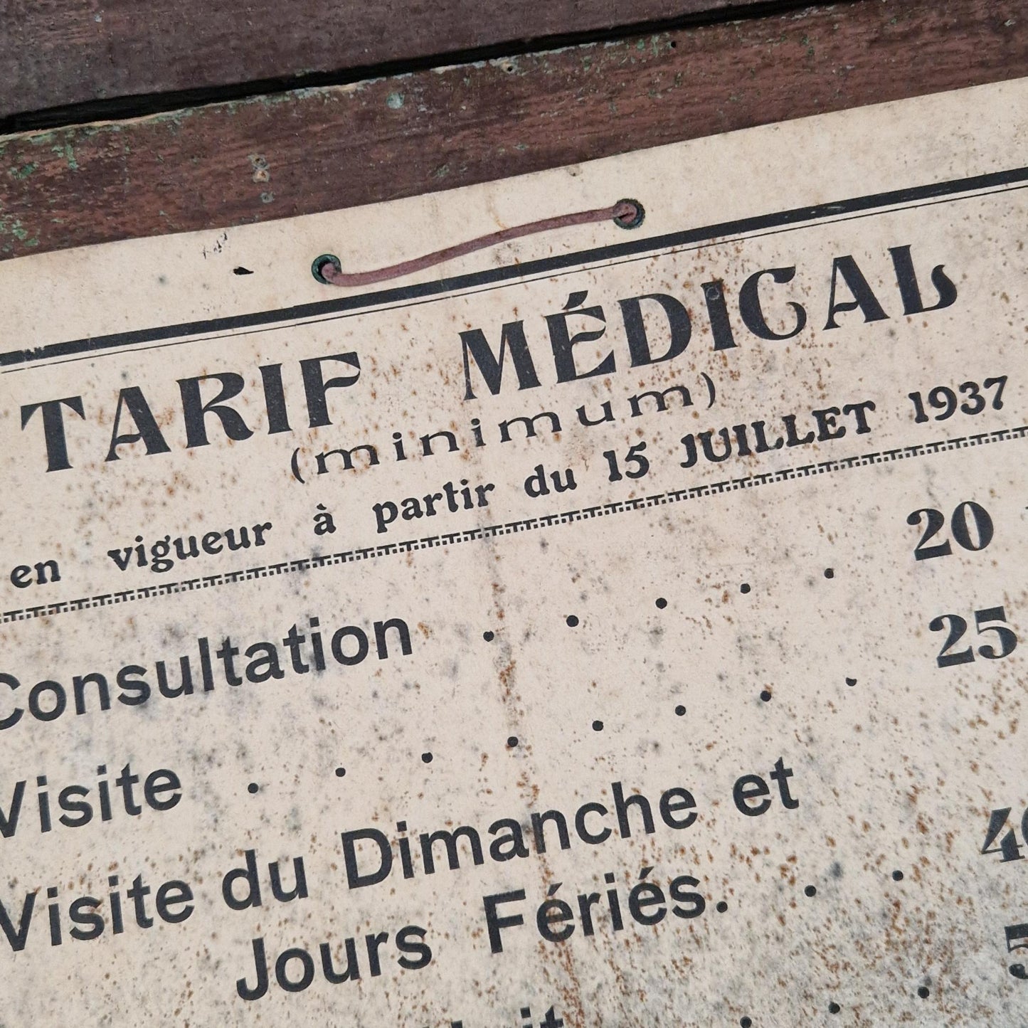 Ancien tarif médical de médecin - Affiche cabinet médical 1937