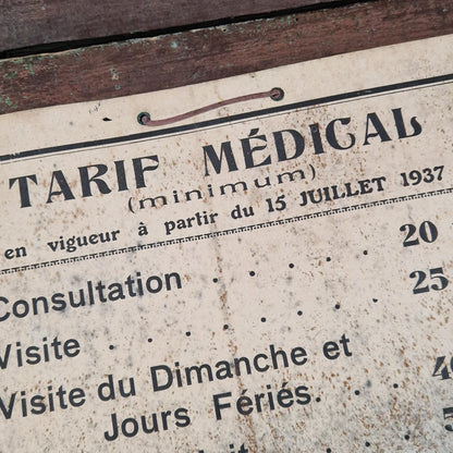 Ancien tarif médical de médecin - Affiche cabinet médical 1937