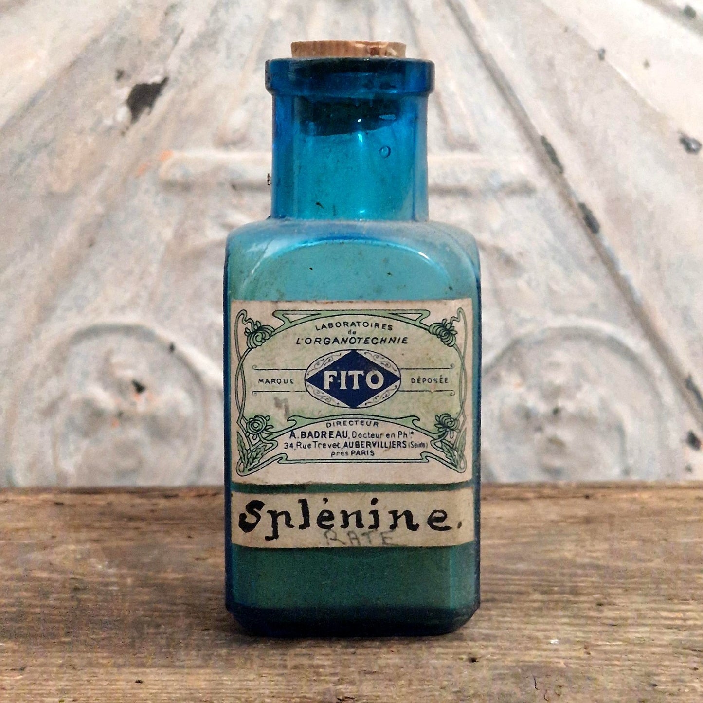 Ancien flacon de pharmacie bleu « Splénine - FITO »