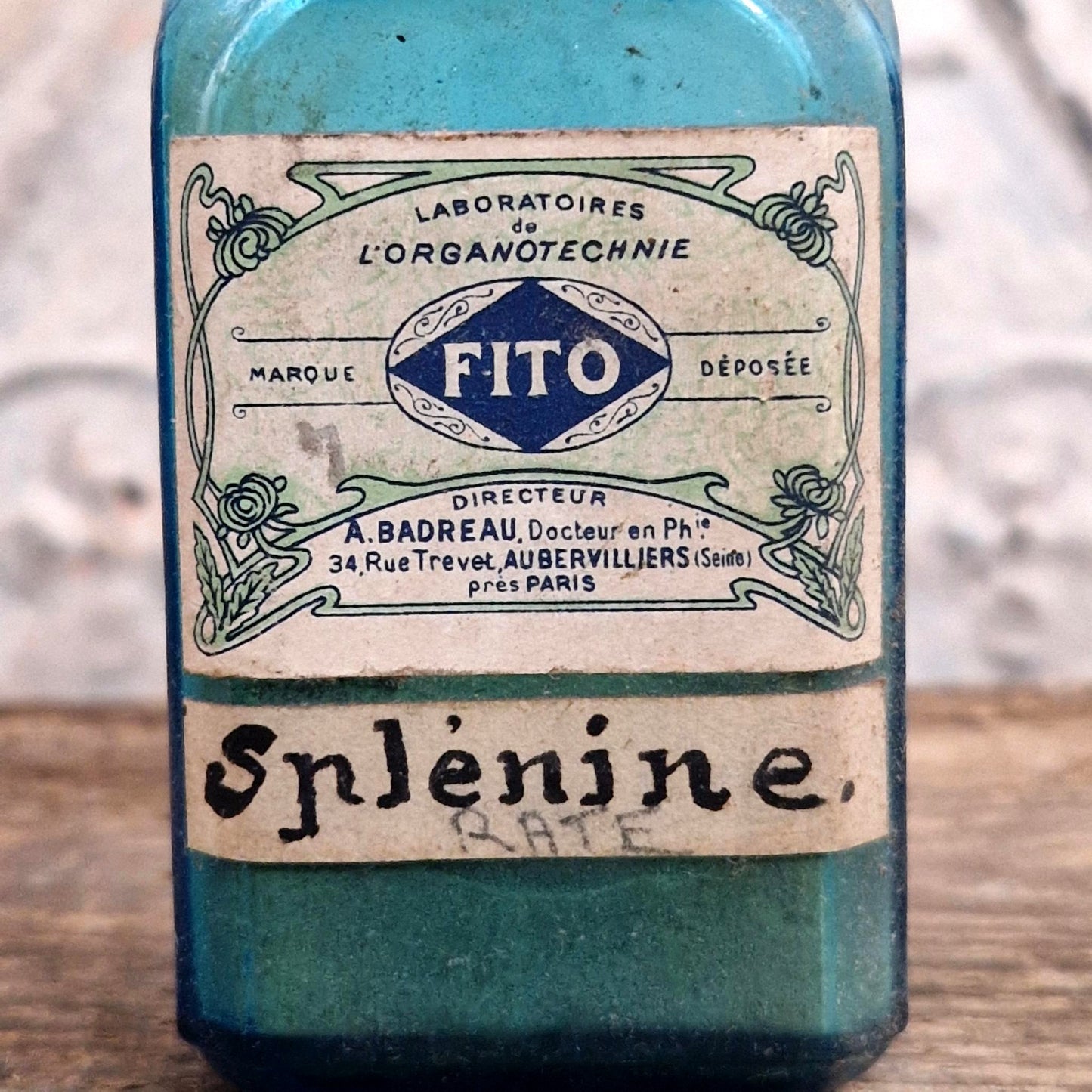 Ancien flacon de pharmacie bleu « Splénine - FITO »