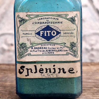 Ancien flacon de pharmacie bleu « Splénine - FITO »
