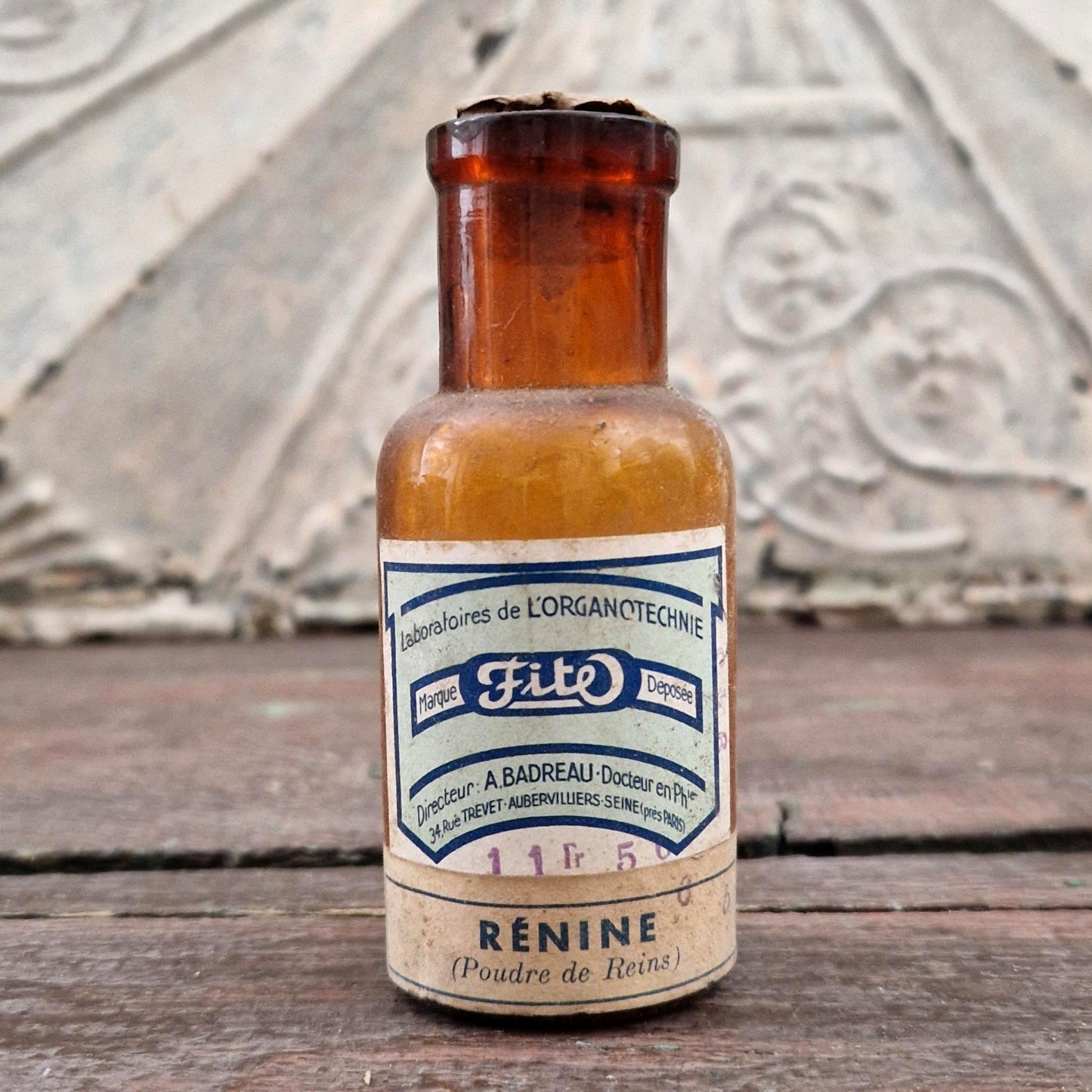 Ancien flacon pharmaceutique « Rénine (Poudre de Reins) »