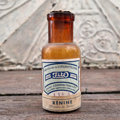 Ancien flacon pharmaceutique « Rénine (Poudre de Reins) »