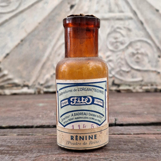 Ancien flacon pharmaceutique « Rénine (Poudre de Reins) »