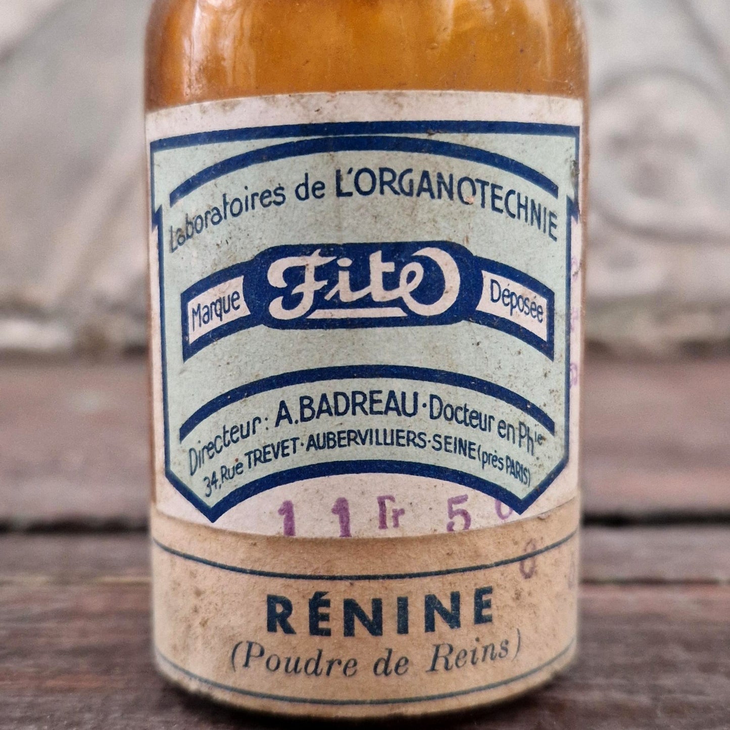 Ancien flacon pharmaceutique « Rénine (Poudre de Reins) »