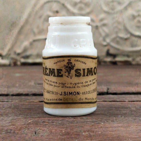 Ancien pot en opaline blanche « Crème Simon »