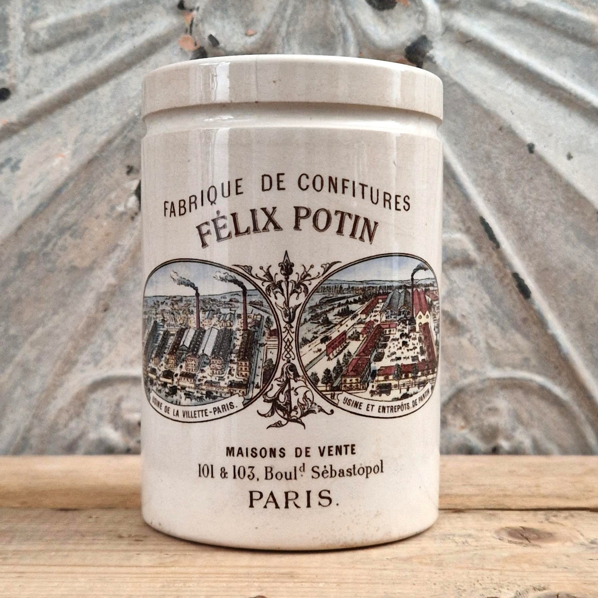 Ancien pot publicitaire polychrome  « Félix Potin »