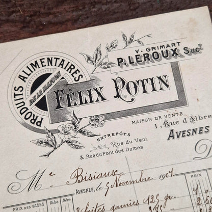 Ancienne facture illustrée « Félix Potin » - Avesnes, 1901