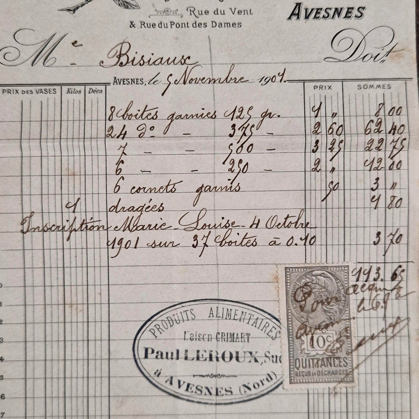 Ancienne facture illustrée « Félix Potin » - Avesnes, 1901
