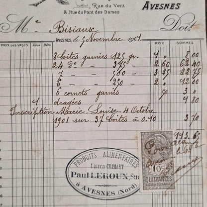 Ancienne facture illustrée « Félix Potin » - Avesnes, 1901