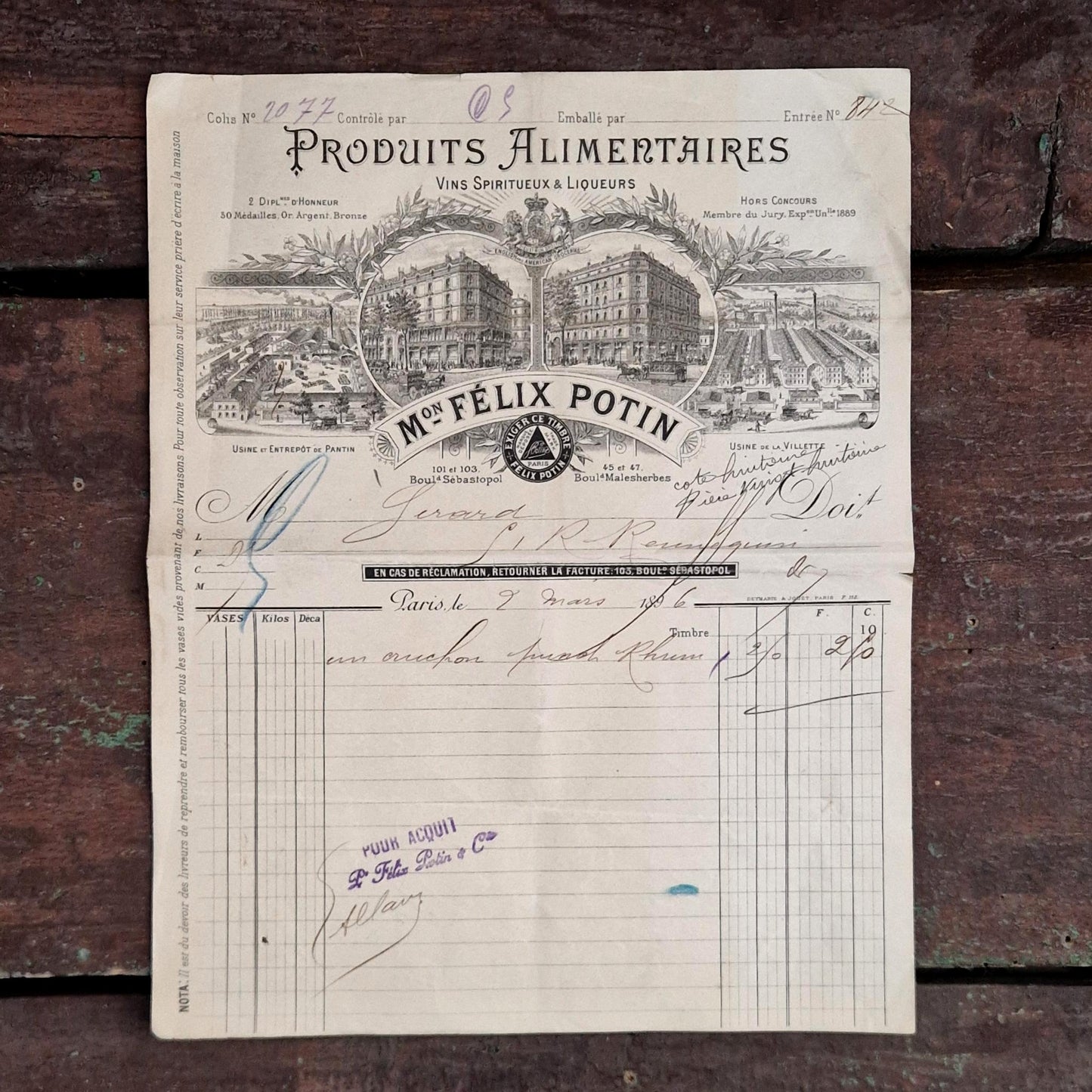 Ancienne facture illustrée « Félix Potin » - Paris - 1896