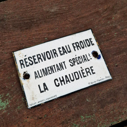 Plaque émaillée « Réservoir eau froide »