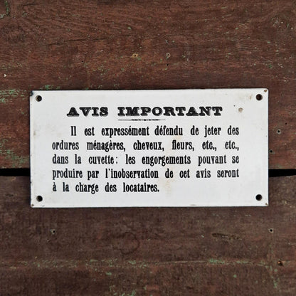 Ancienne plaque émaillée « AVIS IMPORTANT »