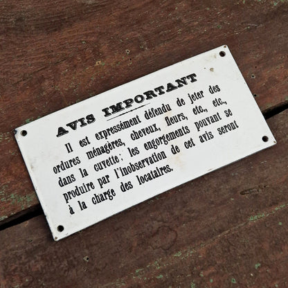 Ancienne plaque émaillée « AVIS IMPORTANT »