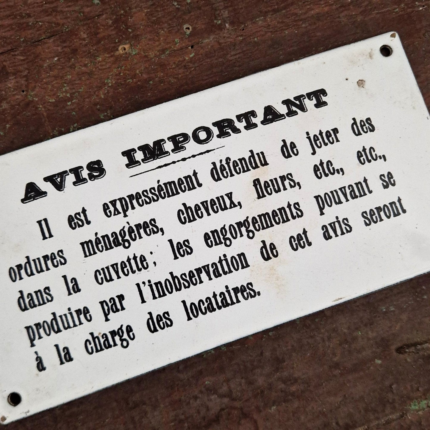 Ancienne plaque émaillée « AVIS IMPORTANT »
