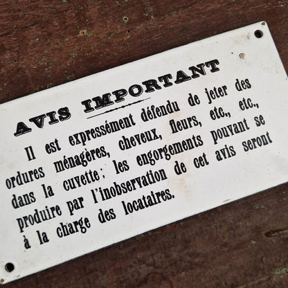 Ancienne plaque émaillée « AVIS IMPORTANT »