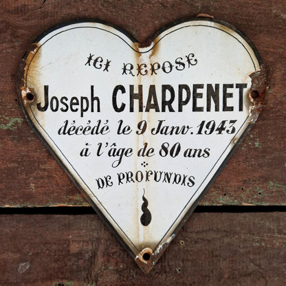 Plaque tombale émaillée en forme de cœur - env. 21cm