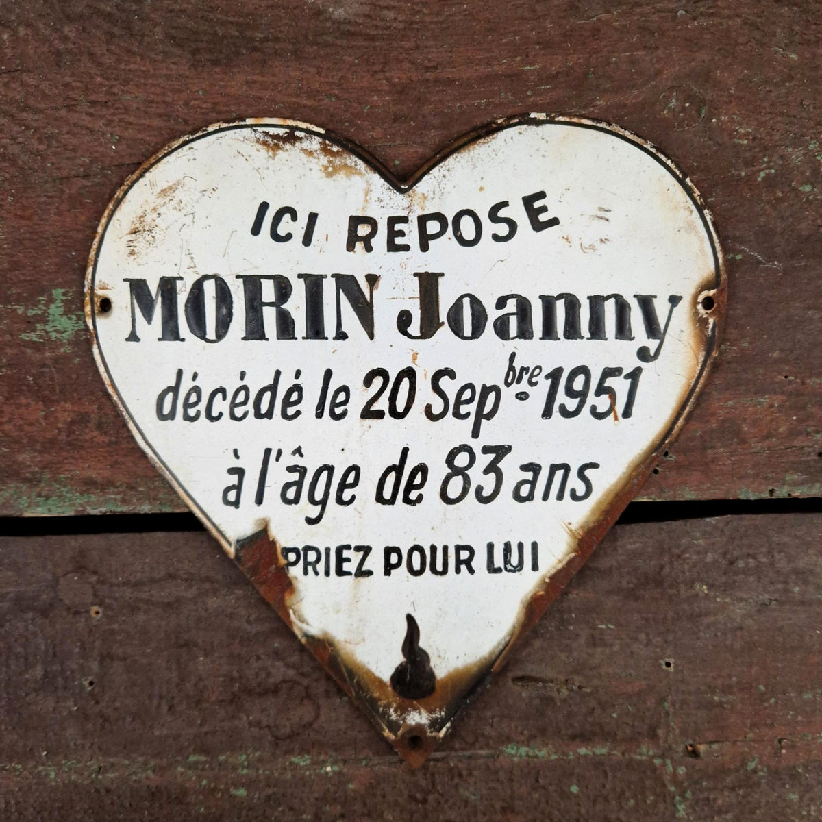 Ancien coeur émaillé « Joanny » - env. 20cm