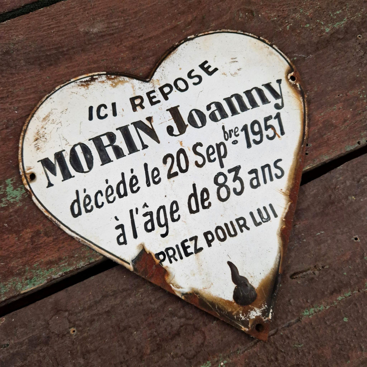 Ancien coeur émaillé « Joanny » - env. 20cm