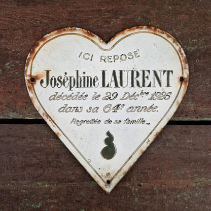 Plaque tombale émaillée en forme de cœur - env. 20,5cm