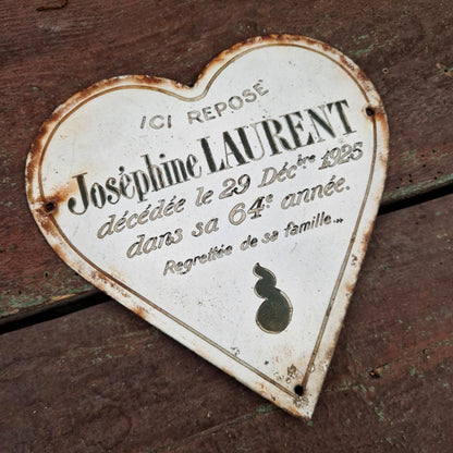 Plaque tombale émaillée en forme de cœur - env. 20,5cm