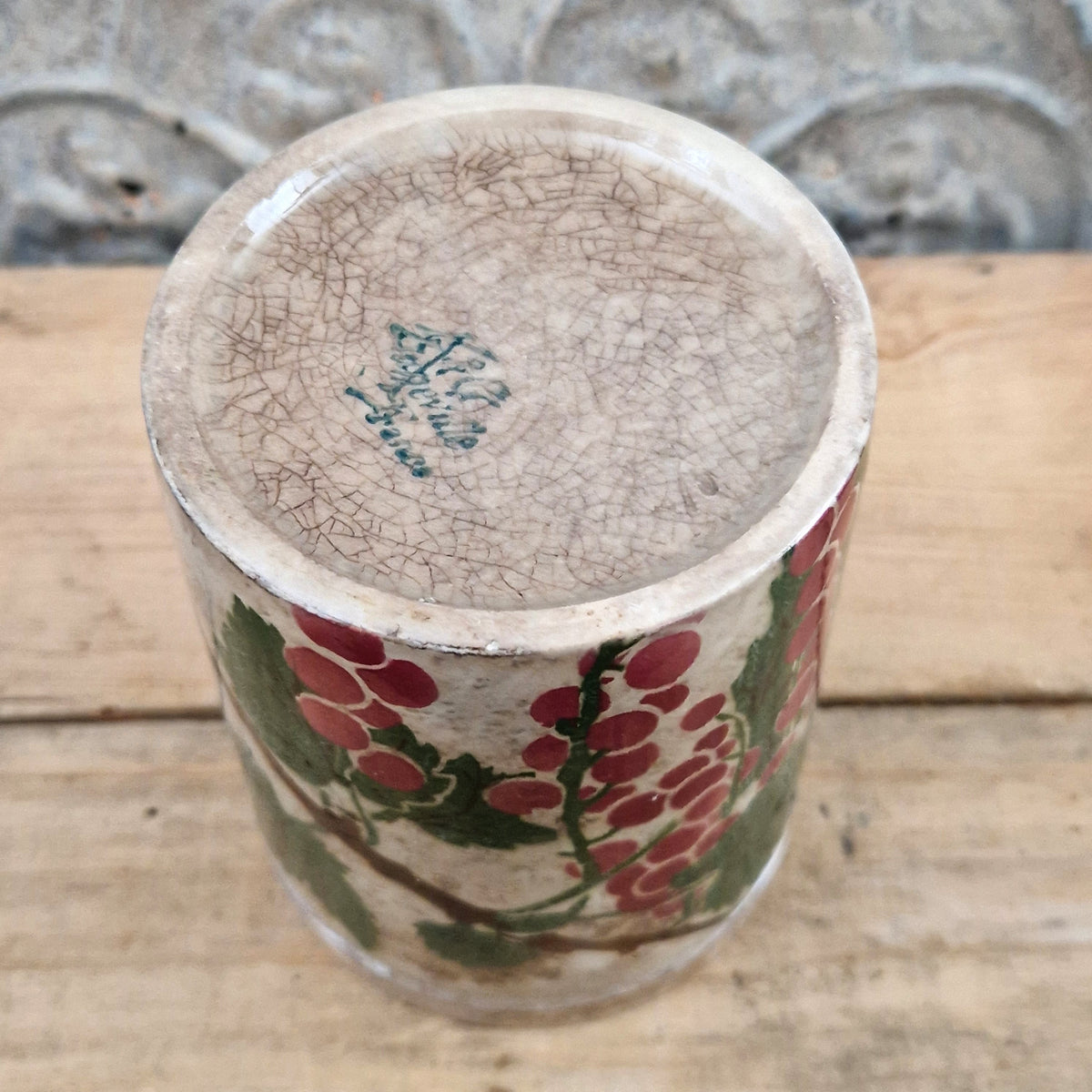 Old jam pot with gooseberry decoration