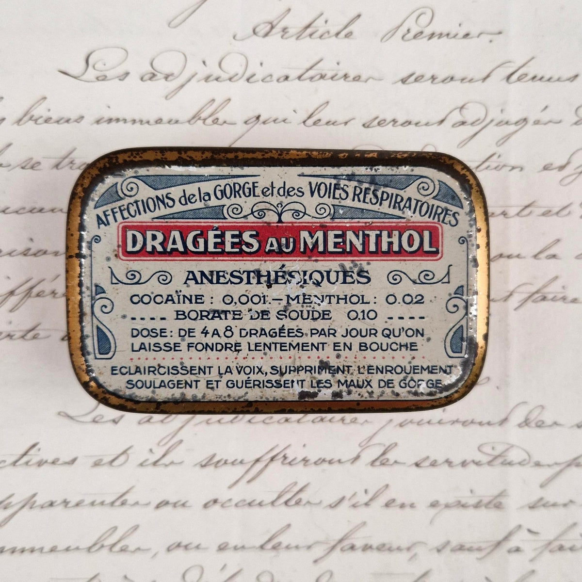 Remède à la cocaïne « Dragées anesthésiques au Menthol »