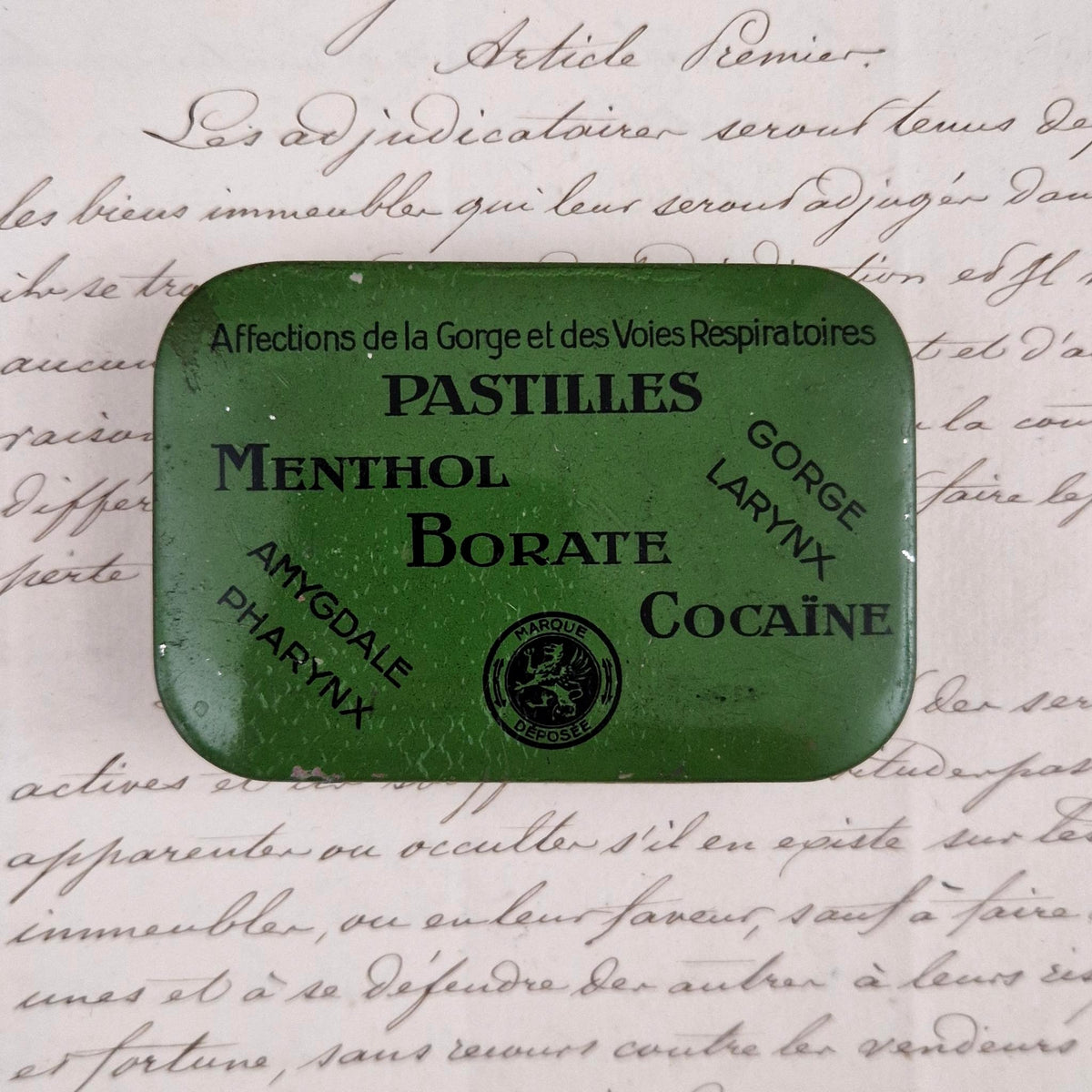 Old tin "Cocaine Lozenges - Menthol Borate"