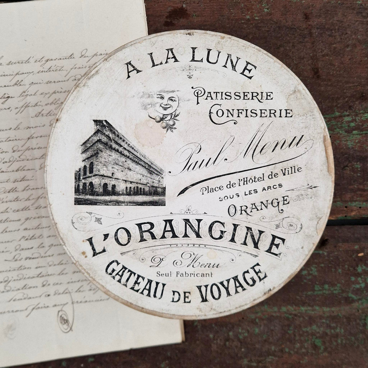 Rare boîte à gâteau « L’Orangine » - Pâtisserie À la Lune, XIXe