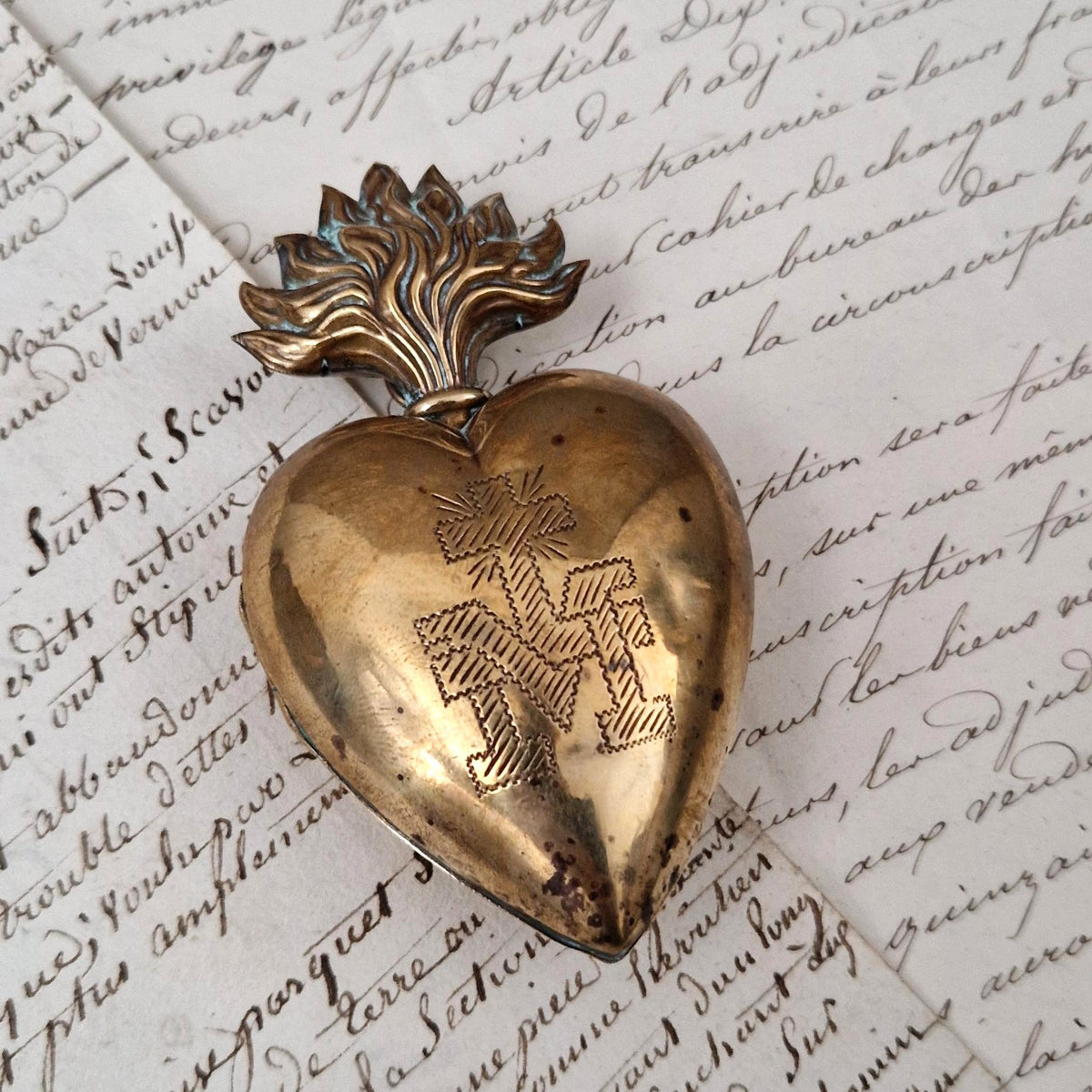 Ex-voto / Cœur sacré en laiton - XIXe