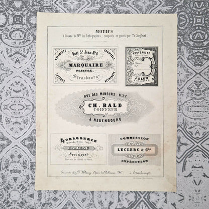 Planche modèle d'étiquettes pour lithographes, vers 1860