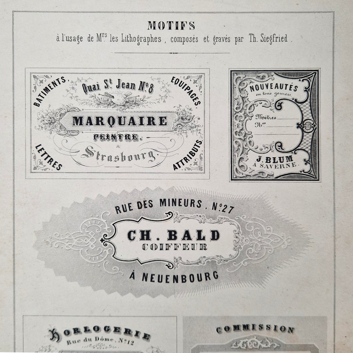 Planche modèle d'étiquettes pour lithographes, vers 1860
