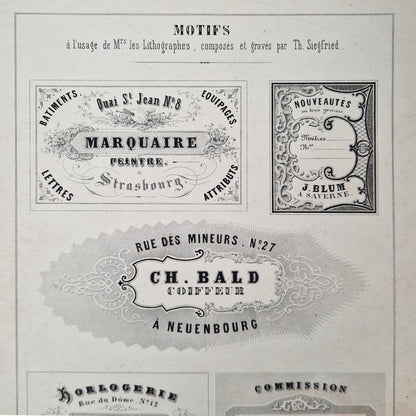 Planche modèle d'étiquettes pour lithographes, vers 1860