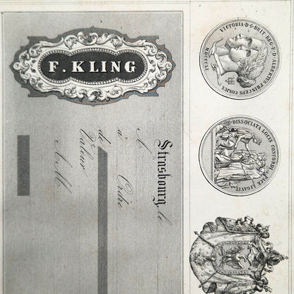 Modèle de billet à ordre et de médaillons « F. Kling » – XIXe