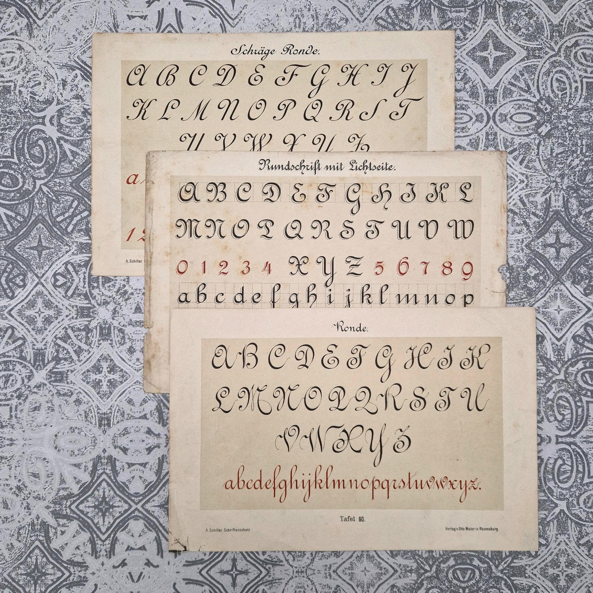 3 planches d'alphabets « Écritures rondes » - Fin XIXe