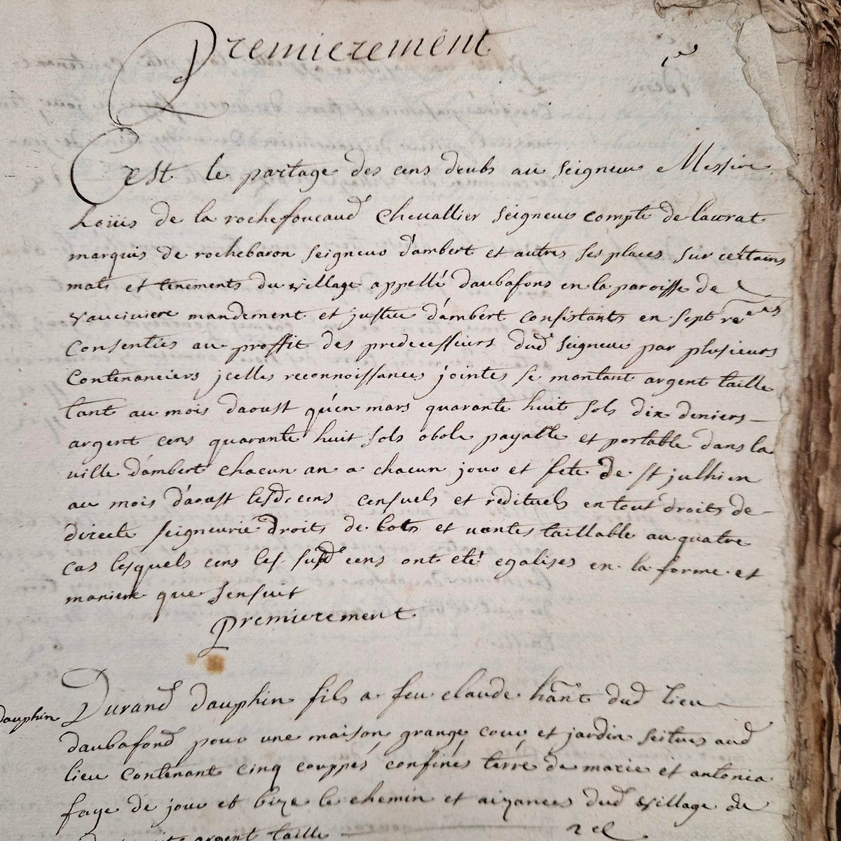 Ancien livre terrier manuscrit - Auvergne, vers 1652 - 245 pages